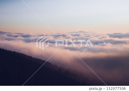 Scenic image of misty valley. Locations Carpathian national park, Ukraine. 132077506