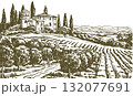 Tuscan Countryside Landscape Vintage Vector Illustration 132077691