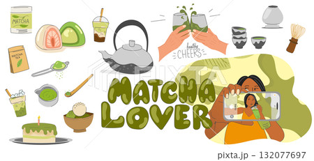 Cozy matcha lover clipart collection with drinks, desserts and teaware. Cozy matcha lover clipart collection with drinks, desserts and teaware. 132077697