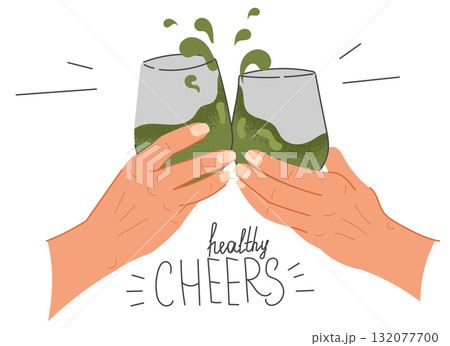 Two hands clinking matcha glasses in flat style celebrating health Two hands clinking matcha glasses in flat style celebrating health 132077700