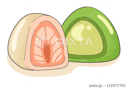 Colorful mochi dessert with matcha and strawberry filling in flat style. 132077701