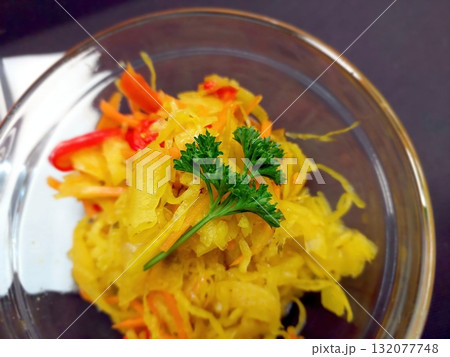 Fresh Salad With Parsley, Cabbage, and Sweet Pepper Served in a Glass Bowl Fresh Salad With Parsley, Cabbage, and Sweet Pepper Served in a Glass Bowl 132077748