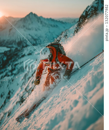 Exciting, dynamic photo of a skier carving powder down a steep slope at sunset. Represents extreme winter sports, adrenaline, adventure, freedom, speed, and the beauty of the alpine environment Exciting, dynamic photo of a skier carving powder down a steep slope at sunset. Represents extreme winter sports, adrenaline, adventure, freedom, speed, and the beauty of the alpine environment 132077982