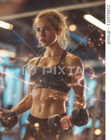 High-energy photo of an athletic woman lifting dumbbells in a gym, enhanced with glowing lightning effects. Represents focus, strength, power, motivation, fitness, intense workout, and dynamic energy 132078012