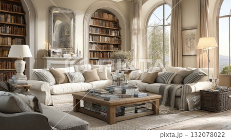Luxurious French Country Living Room Interior: Cozy White Slipcovered Sofas, Rustic Wood Coffee Table Overflowing with Books, Tall Arch Windows, and Built-in Library Shelves 132078022