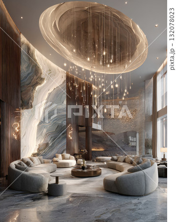 Ultra-Luxury Architectural Foyer and Living Space: Towering Ceilings, Custom Marble Wall Art, Circular Seating Arrangement, and Dramatic Waterfall Chandelier in a High-End Penthouse Ultra-Luxury Architectural Foyer and Living Space: Towering Ceilings, Custom Marble Wall Art, Circular Seating Arrangement, and Dramatic Waterfall Chandelier in a High-End Penthouse 132078023