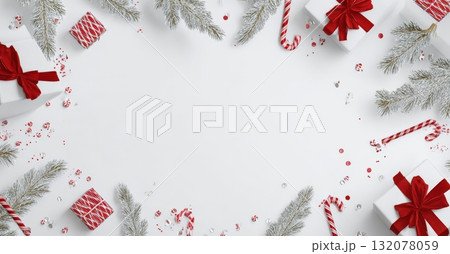 Holiday decorations with gifts, candy canes, and pine branches arranged on a white background for a festive celebration 132078059