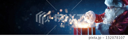 Festive Santa preparing magical surprises with a glowing gift box in a charming holiday scene during Christmas Eve 132078107