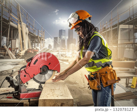 Construction worker using power saw to cut wood at a busy construction site in the city during daylight hours 132078127