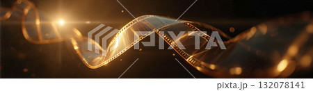 A luxurious, spiraling film strip glistens like gold, dramatically illuminated by a bright, warm lens flare on a dark, mysterious background, symbolizing high-quality cinema, storytelling, filmmaking. 132078141