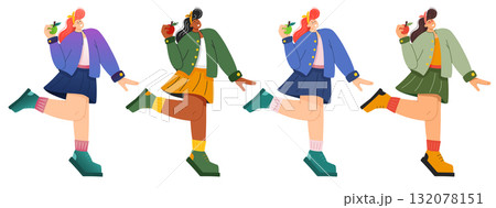 Healthy lifestyle set of women holding apples symbolizing healthcare and grocery shopping 132078151