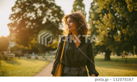 A beautiful young woman with curly hair is walking through a park path, lit by the warm, dramatic backlight of the sunset or golden hour, wearing a dark shirt and denim jeans with a yellow bag 132078167