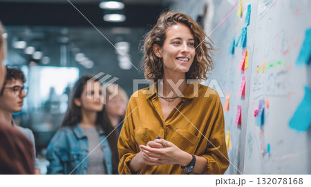A confident, smiling young woman with curly hair and a mustard-colored shirt is leading a dynamic meeting, presenting ideas written on colorful sticky notes on a whiteboard to a diverse team A confident, smiling young woman with curly hair and a mustard-colored shirt is leading a dynamic meeting, presenting ideas written on colorful sticky notes on a whiteboard to a diverse team 132078168