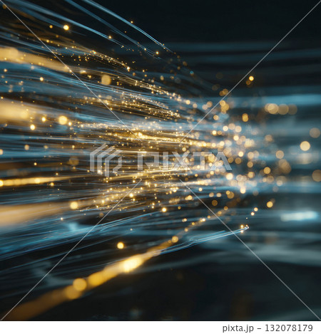 abstract background featuring dynamic flow of blue and vibrant golden light trails and glowing particles moving rapidly across dark space. This visualization effectively conveys concepts like big data 132078179