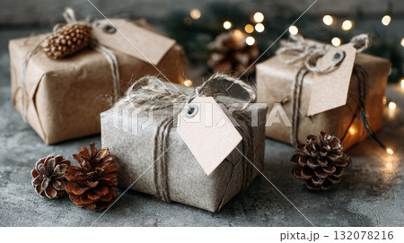 Rustic and natural Christmas gift composition featuring three presents wrapped in brown craft paper, twine, and blank tags, surrounded by pine cones and festive bokeh lights on a dark background Rustic and natural Christmas gift composition featuring three presents wrapped in brown craft paper, twine, and blank tags, surrounded by pine cones and festive bokeh lights on a dark background 132078216