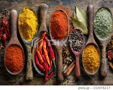 Overhead view of a colorful array of aromatic spices and herbs chili powder, turmeric, peppercorns, and more displayed in rustic wooden spoons on a dark, textured wood background Overhead view of a colorful array of aromatic spices and herbs chili powder, turmeric, peppercorns, and more displayed in rustic wooden spoons on a dark, textured wood background 132078217