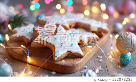 A close-up, cheerful photograph of freshly baked gingerbread and sugar cookies, beautifully iced and sprinkled, set against a vibrant background of colorful bokeh lights and holiday decorations. 132078255