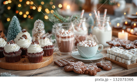 A delightful, cozy holiday table spread featuring decadent chocolate cupcakes with white frosting, mugs of hot chocolate topped with marshmallows, gingerbread cookies, and milk in glass jars. 132078366