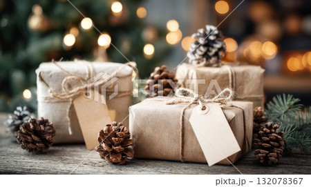 collection of rustic Christmas gifts wrapped in brown craft paper and tied with natural twine, featuring blank gift tags decorative pine cones. Set on a weathered wooden surface with, glowing bokeh collection of rustic Christmas gifts wrapped in brown craft paper and tied with natural twine, featuring blank gift tags decorative pine cones. Set on a weathered wooden surface with, glowing bokeh 132078367