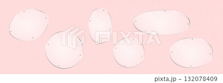 Vector realistic round shape glass frames with small silver screws on transparent pink background. Oval glossy graphic designs for banner, advertising, plate 132078409