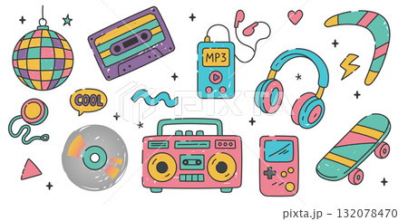 Fun retro doodle collection including cassette, mp3 player, headphones, game console, CD, boombox and disco ball in colorful cartoon flat style. 132078470