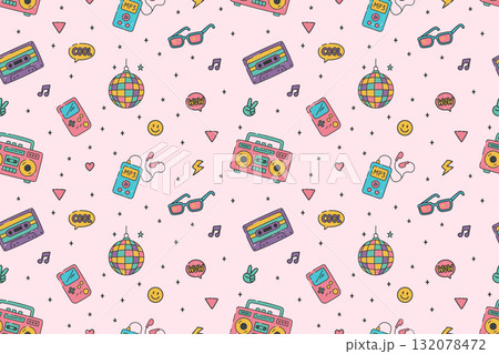 Seamless pattern with mp3 player, sunglasses, cassette, disco ball and doodle details in retro colorful cartoon style Seamless pattern with mp3 player, sunglasses, cassette, disco ball and doodle details in retro colorful cartoon style 132078472