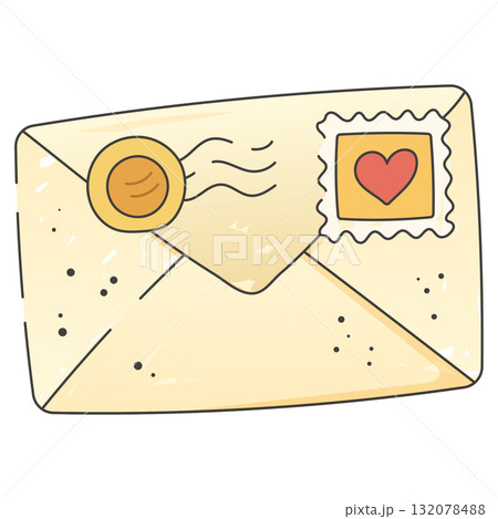 Vintage Yellow Envelope With Wax Seal And Heart Stamp In Cute Cartoon Flat Style Vintage Yellow Envelope With Wax Seal And Heart Stamp In Cute Cartoon Flat Style 132078488