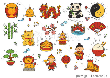 Chinese Culture Cartoon Icons with Dragon, Panda, Pagoda, Food, and Traditional Symbols in Cute Doodle Style Chinese Culture Cartoon Icons with Dragon, Panda, Pagoda, Food, and Traditional Symbols in Cute Doodle Style 132078493