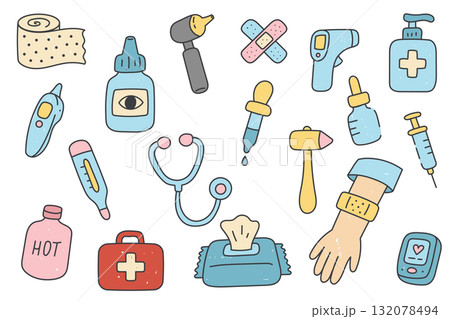 Medical Cartoon Doodle Set with Syringe, Stethoscope, Thermometer, Pills, First Aid Kit, and Healthcare Icons 132078494