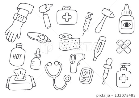 Medical Outline Doodle Icons with Syringe, Bandage, Stethoscope, Thermometer, Sanitizer, and Hospital Equipment 132078495