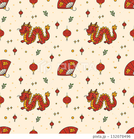 Seamless Pattern with Chinese Dragon, Lanterns, and Fan in Festive Oriental Doodle Style 132078496