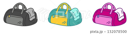 Cartoon Fitness Sports Bag with Towel in Different Colors, Cute Doodle Gym Equipment Illustration 132078500
