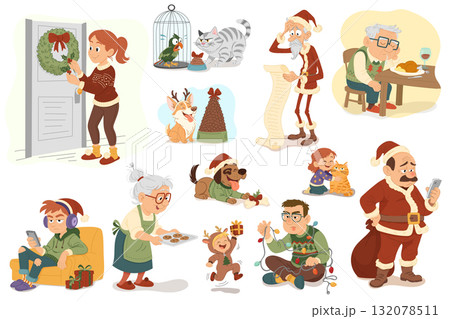 Big Christmas family clipart set with Santa, grandma, grandpa, children, pets, and holiday decorations in cozy winter home 132078511