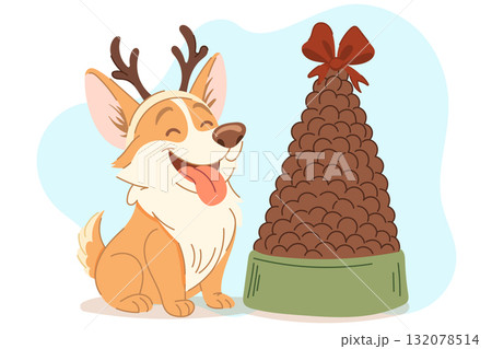 Cute Corgi with Giant Bowl of Dog Food and Christmas Decoration Cartoon Illustration Cute Corgi with Giant Bowl of Dog Food and Christmas Decoration Cartoon Illustration 132078514