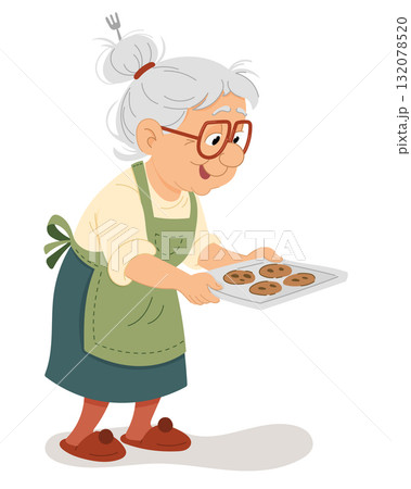 Grandma Baking Christmas Cookies in Cozy Winter Kitchen Cartoon Illustration 132078520