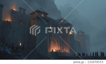 Dramatic digital painting of a formidable medieval castle or fortress under a dark, moody sky. Torches and fires illuminate the stone walls and a gathering of figures. Ideal for fantasy, epic battle 132078553
