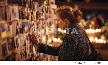 A woman solemnly touches a photo on a public memorial wall, surrounded by the warm, soft glow of candlelight. Represents remembrance, grief, commemoration, and personal reflection on loss or tragedy 132078586