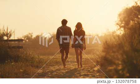 A young couple is seen from behind, walking hand-in-hand down a dusty path or beach trail, silhouetted against a brilliant golden sunset or sunrise. The image captures a serene, warm moment of love 132078758