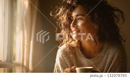 Serene Young Woman with Beautiful Curly Hair Smiling, Looking Out Window While Enjoying a Cozy Morning Coffee or Tea in Warm Golden Sunlight Serene Young Woman with Beautiful Curly Hair Smiling, Looking Out Window While Enjoying a Cozy Morning Coffee or Tea in Warm Golden Sunlight 132078793