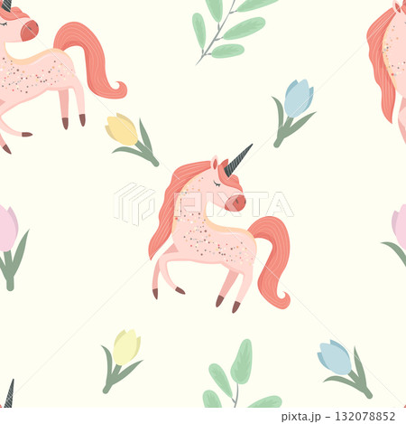 cute children's pattern with unicorns and tulips for cards, packaging, textiles in doodle style cute children's pattern with unicorns and tulips for cards, packaging, textiles in doodle style 132078852