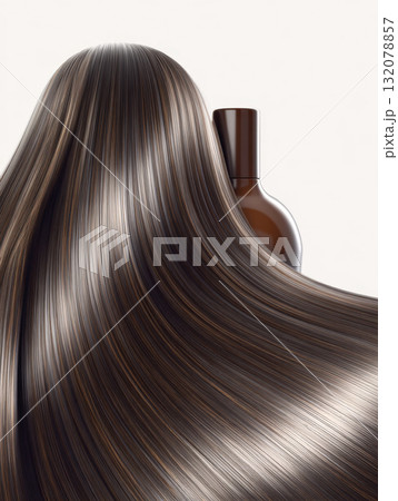 Luxurious and Healthy Brown Hair with Subtle Highlights Flowing Dynamically Over a Dark Brown Cosmetic Product Bottle, Illustrating Extreme Shine, Smoothness, and Silkiness for Shampoo, Conditioner 132078857