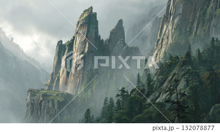 A breathtaking, misty mountain landscape with towering, jagged granite peaks rising out of a dense evergreen forest. Scene is dramatic, evoking a sense of mystery, fantasy, majestic scale of nature 132078877
