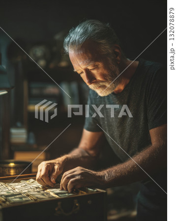 A mature man with beard intently counts stacks of cash (US dollar bills) hidden inside briefcase or vault in a dark, moody room. Concepts of secretive wealth, illegal money, serious financial matters A mature man with beard intently counts stacks of cash (US dollar bills) hidden inside briefcase or vault in a dark, moody room. Concepts of secretive wealth, illegal money, serious financial matters 132078879