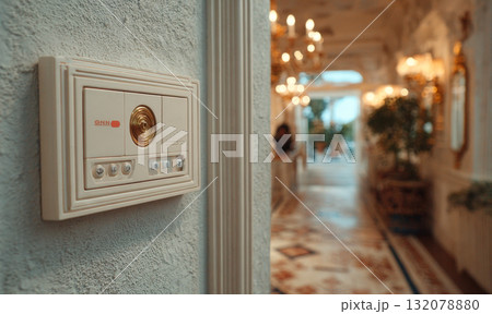 A close-up of a retro-styled smart home or intercom panel on a wall, sharply contrasted with the opulent, blurred background of a luxury hotel or mansion hallway. A close-up of a retro-styled smart home or intercom panel on a wall, sharply contrasted with the opulent, blurred background of a luxury hotel or mansion hallway. 132078880