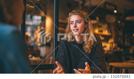 A candid, intimate moment: a young woman with blonde hair actively talking and gesturing during an engaging conversation with a friend in a warm, cozy cafe or coffee shop. A candid, intimate moment: a young woman with blonde hair actively talking and gesturing during an engaging conversation with a friend in a warm, cozy cafe or coffee shop. 132078881
