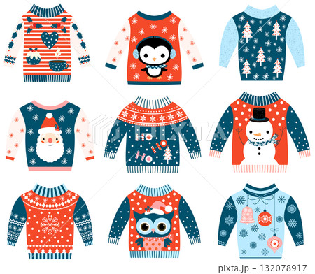 Einter and Cristmas vector ugly and cute sweaters in flat style in blue and red colors with owl 132078917