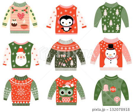 Cute ugly Christmas sweater designs vector set, Sweater party invitation clip art collection in red and green colors 132078918