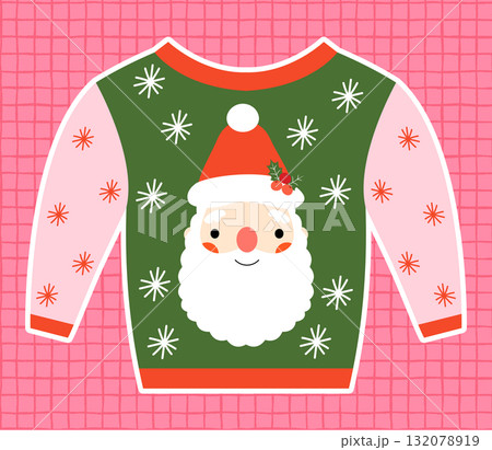 Cute red and green vector ugly Christmas sweater with Santa Claus and snowflakes, tacky jumper illustration 132078919