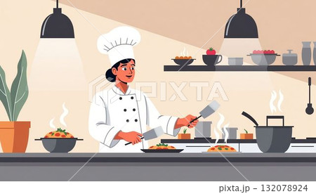 Joyful chef preparing delicious dishes in a modern kitchen during a busy lunchtime in a culinary studio 132078924