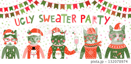 Cute Ugly Christmas Sweater Banner with Fun Hipster Cats with Santa Hats, Glasses and Hats in Red and Green, Halftone Collage Style 132078974